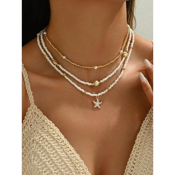 Bohemian Layered Beaded Necklace for Women Seashell Starfish Choker Jewelry - Picture 3 of 6